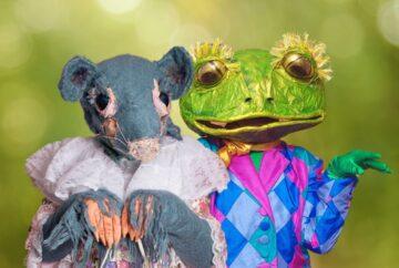 mouse and frog walkabout act. Lovly and charming theatre characters for events present bright and stylish costumes