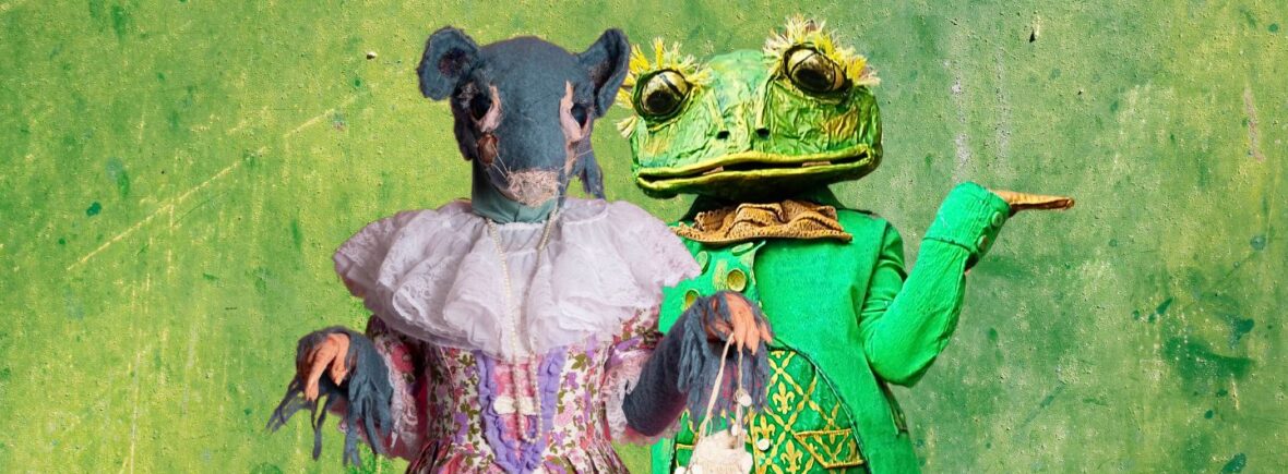 mouse and frog - theatre characters in victorian costumes. They look joyful and welcoming. Children theatrical acts based in Scotland